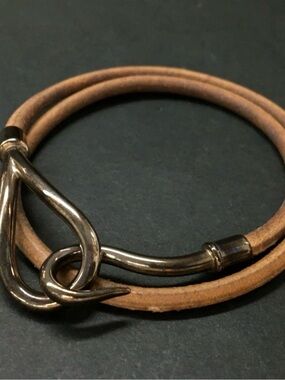 EGA HERMES Jumbo Double Wrap Leather Silver Tone Bracelet